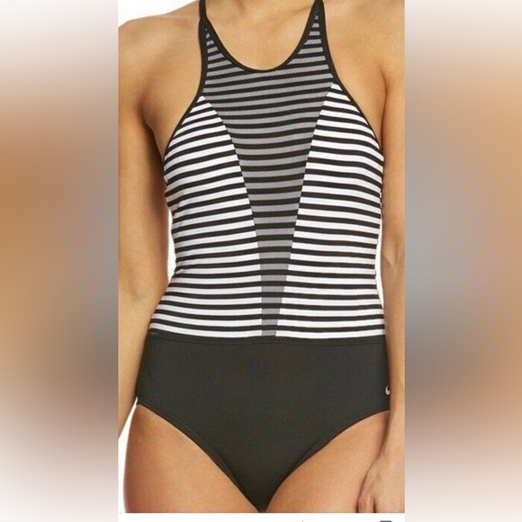 Nike Laser High Neck Tank One Piece Swimsuit Black & White Women’s - Picture 1 of 3